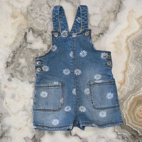 Denim Blue Kids Overalls with Floral Print - Picture 1 of 8
